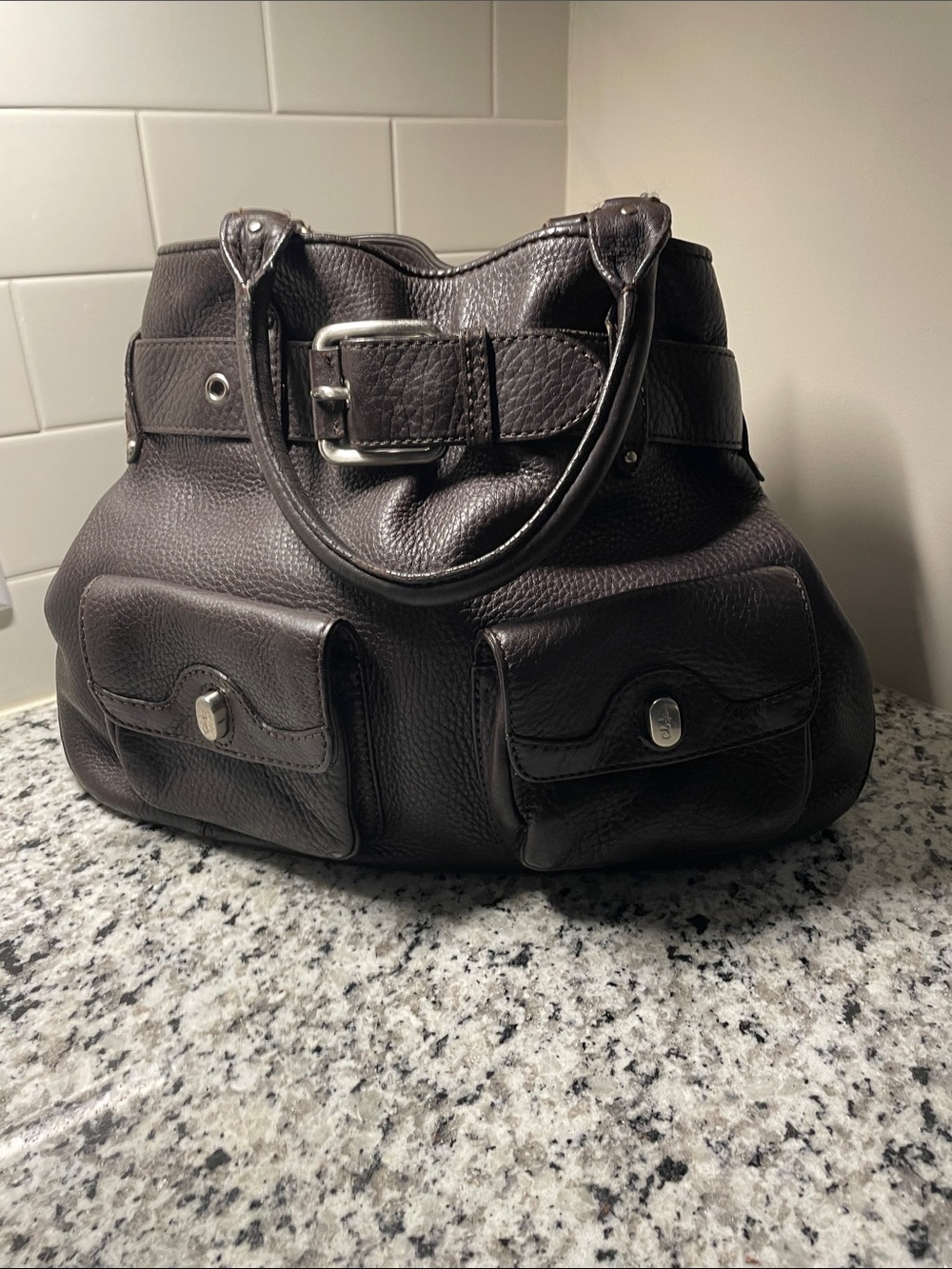 Women's Dark Brown Leather Tote Handbag with Front Pockets
